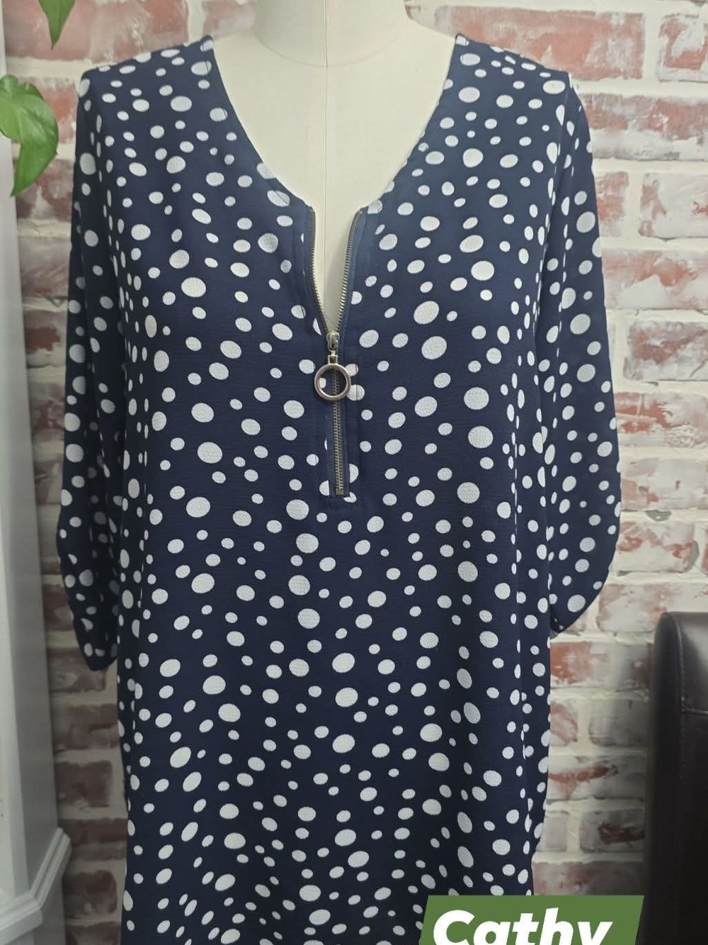 Cathy Navy Polka Dot Zip-Front Blouse